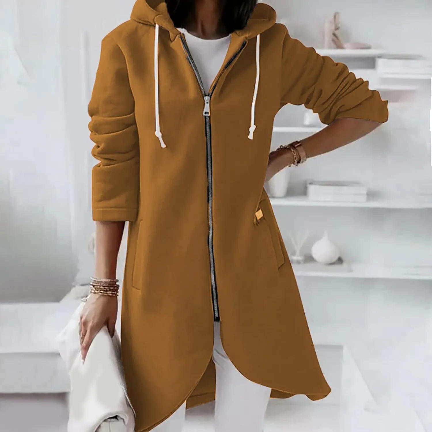 fartey Zip Up Hoodie Women Casual Oversized Long Hoodies Long Sleeve Drawstring Asymmetrical Tunic Sweatshirts With Pockets