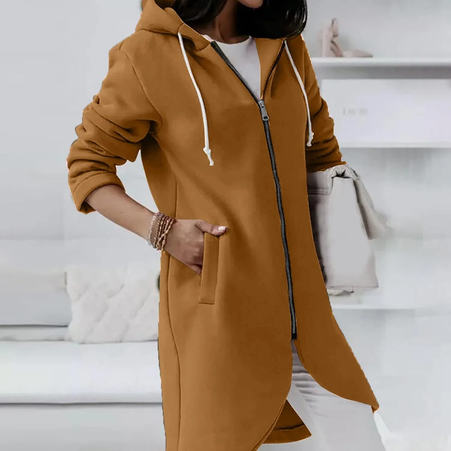 fartey Zip Up Hoodie Women Casual Oversized Long Hoodies Long Sleeve Drawstring Asymmetrical Tunic Sweatshirts With Pockets