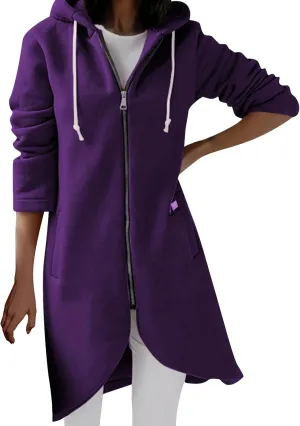 fartey Zip Up Hoodie Women Casual Oversized Long Hoodies Long Sleeve Drawstring Asymmetrical Tunic Sweatshirts With Pockets