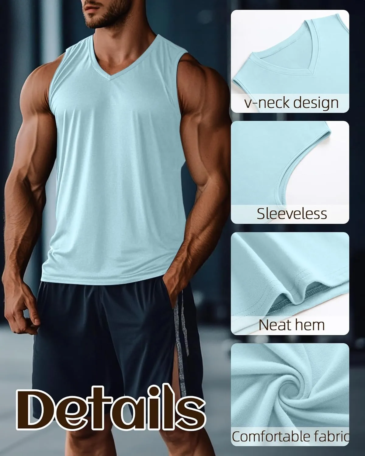 Ficerd 3 Pack Men's Big and Tall Workout Tank Tops, Cotton V Neck Sleeveless Gym Muscle T-Shirts Athletic Tee Summer Vest Top