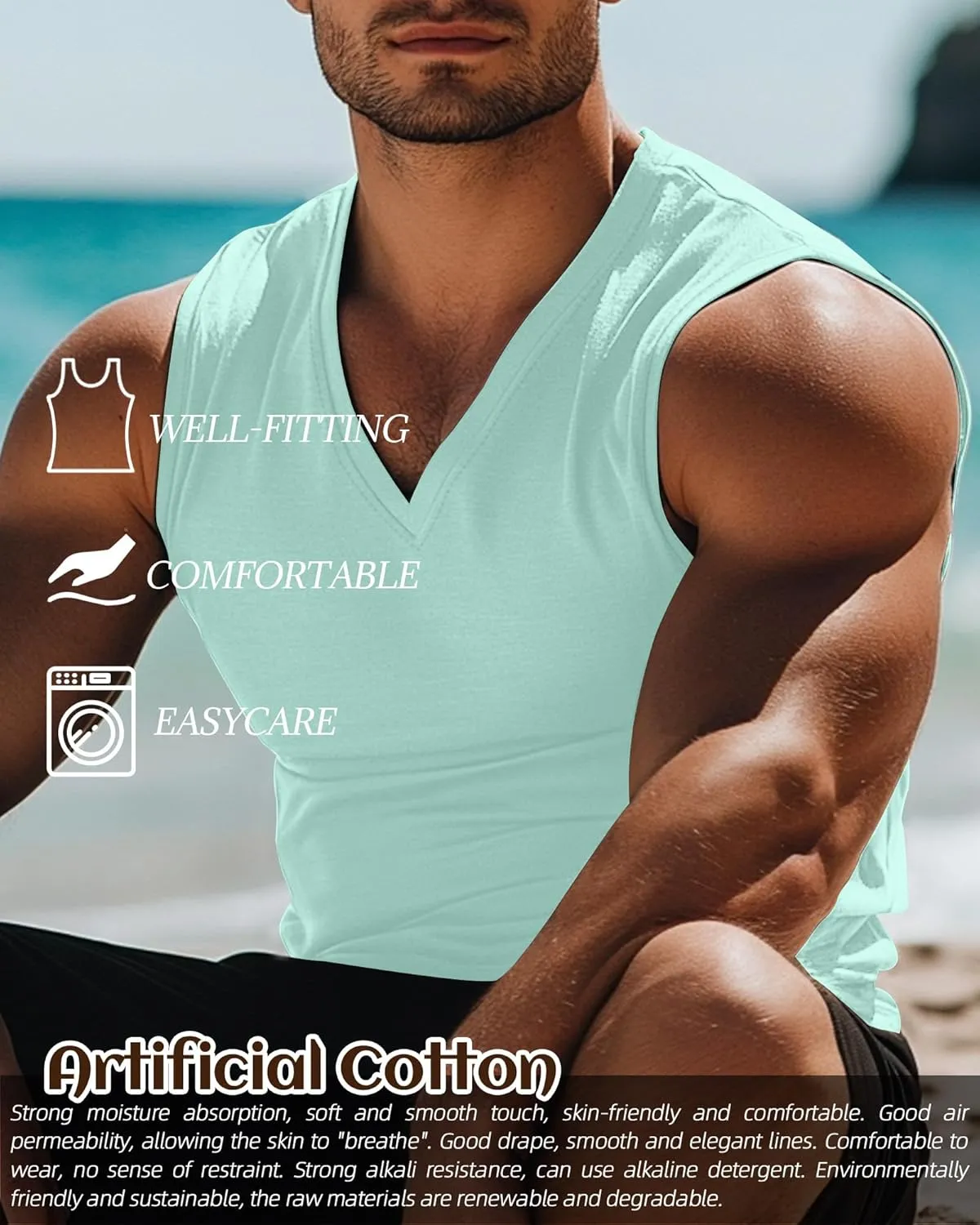 Ficerd 3 Pack Men's Big and Tall Workout Tank Tops, Cotton V Neck Sleeveless Gym Muscle T-Shirts Athletic Tee Summer Vest Top