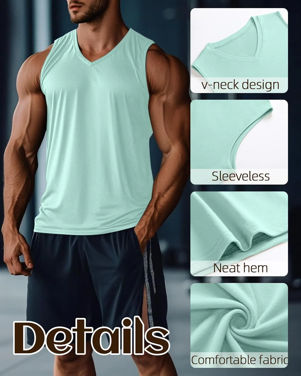 Ficerd 3 Pack Men's Big and Tall Workout Tank Tops, Cotton V Neck Sleeveless Gym Muscle T-Shirts Athletic Tee Summer Vest Top