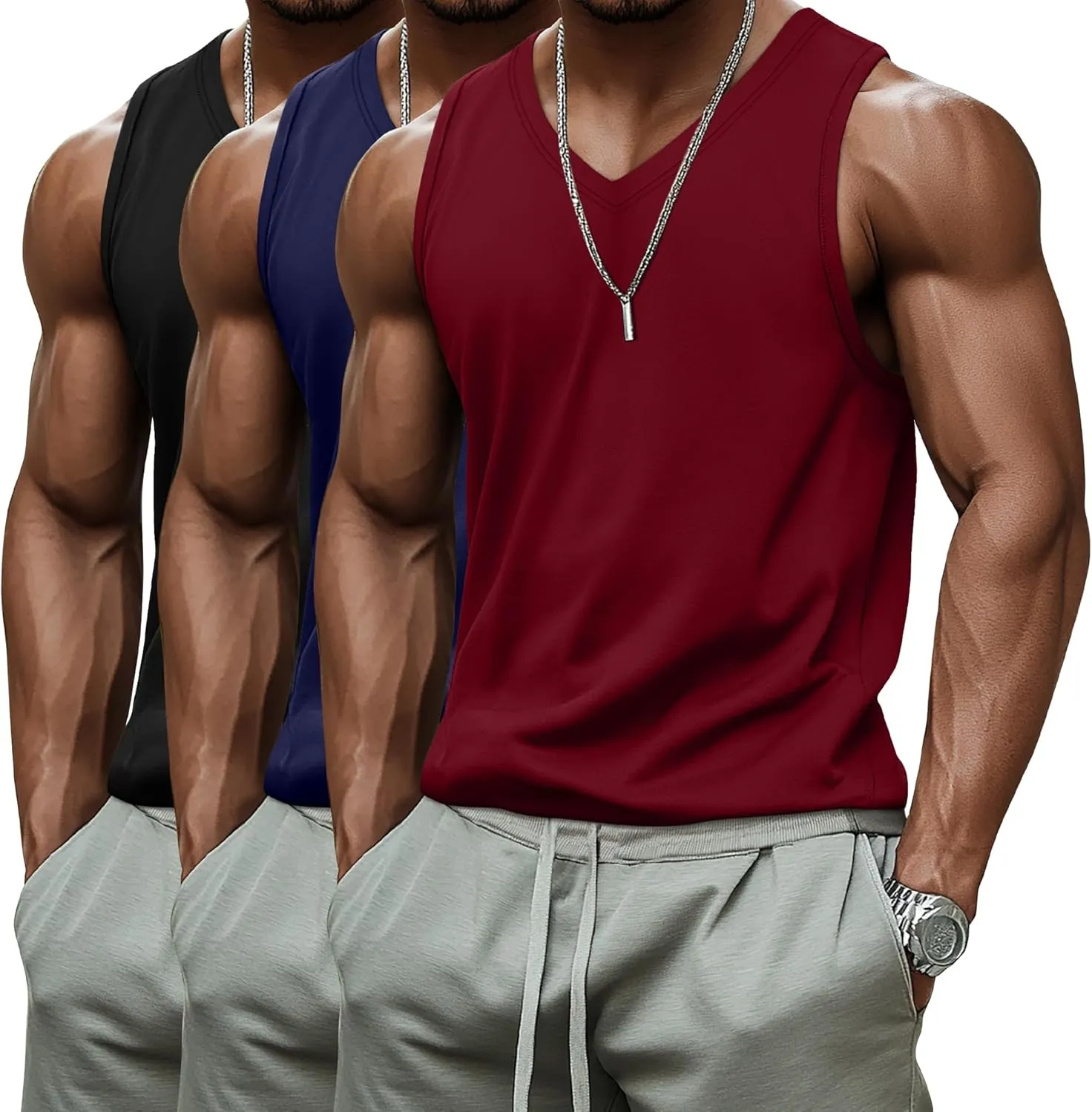 Ficerd 3 Pack Men's Big and Tall Workout Tank Tops, Cotton V Neck Sleeveless Gym Muscle T-Shirts Athletic Tee Summer Vest Top