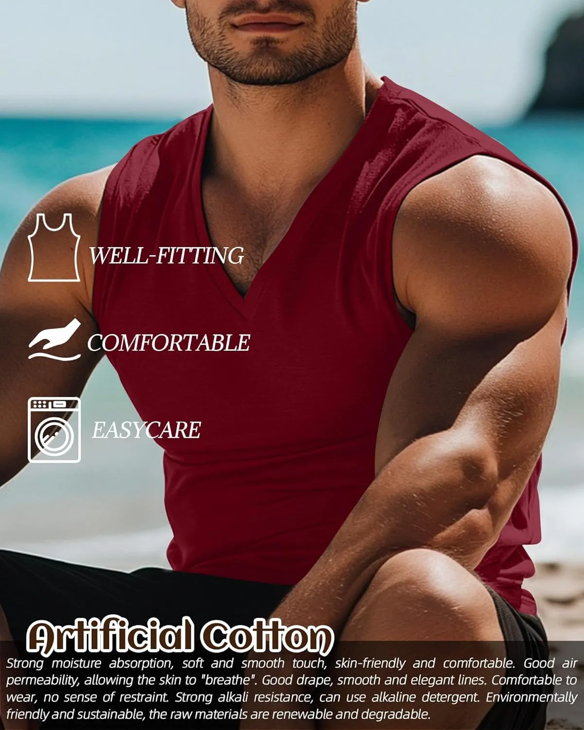 Ficerd 3 Pack Men's Big and Tall Workout Tank Tops, Cotton V Neck Sleeveless Gym Muscle T-Shirts Athletic Tee Summer Vest Top