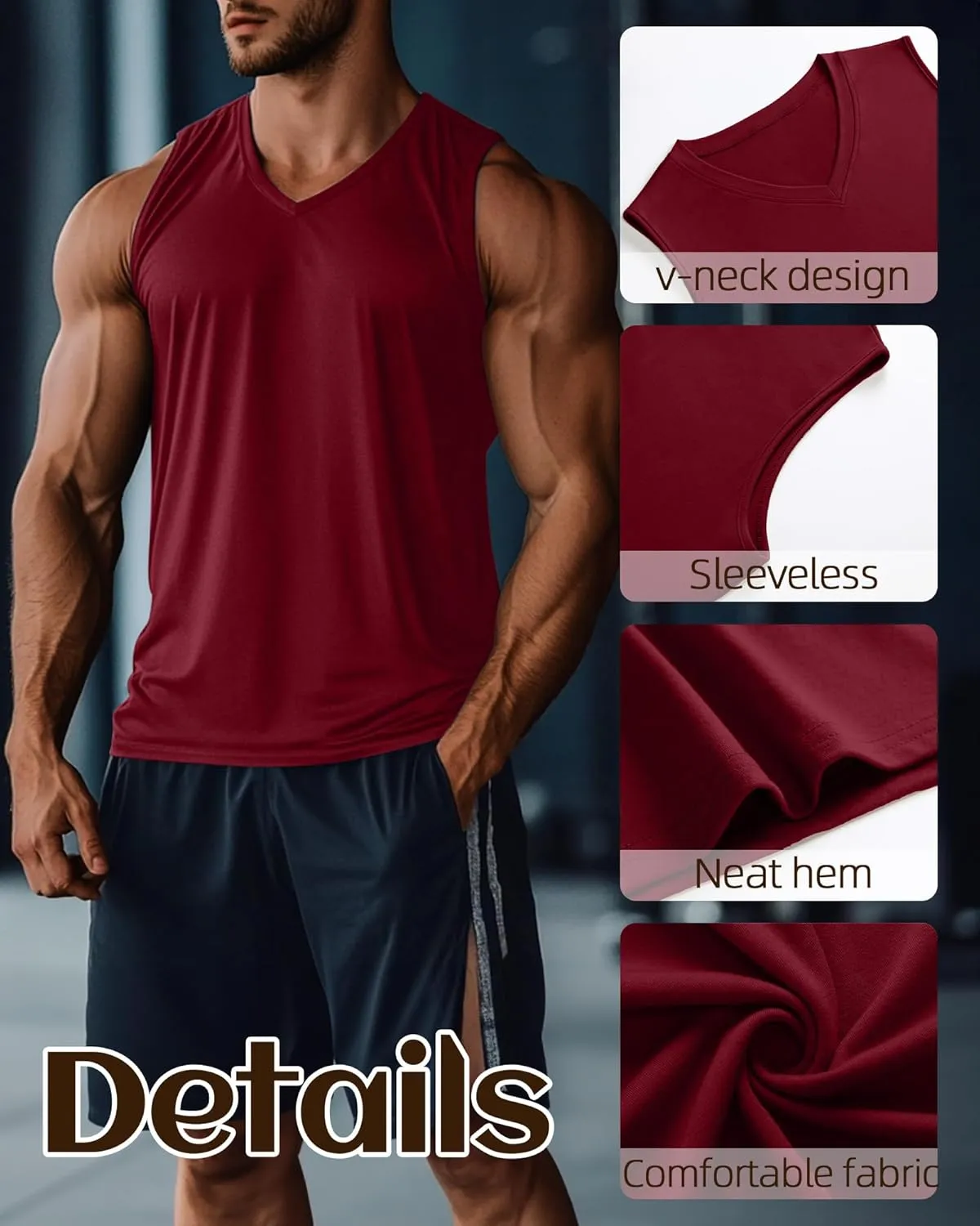 Ficerd 3 Pack Men's Big and Tall Workout Tank Tops, Cotton V Neck Sleeveless Gym Muscle T-Shirts Athletic Tee Summer Vest Top