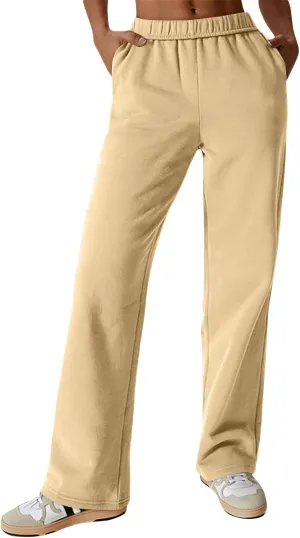 Fleece Straight Leg Sweatpants for Women Elastic High Waisted Joggers Athletic Sweat Pants Lounge Pants with Pockets