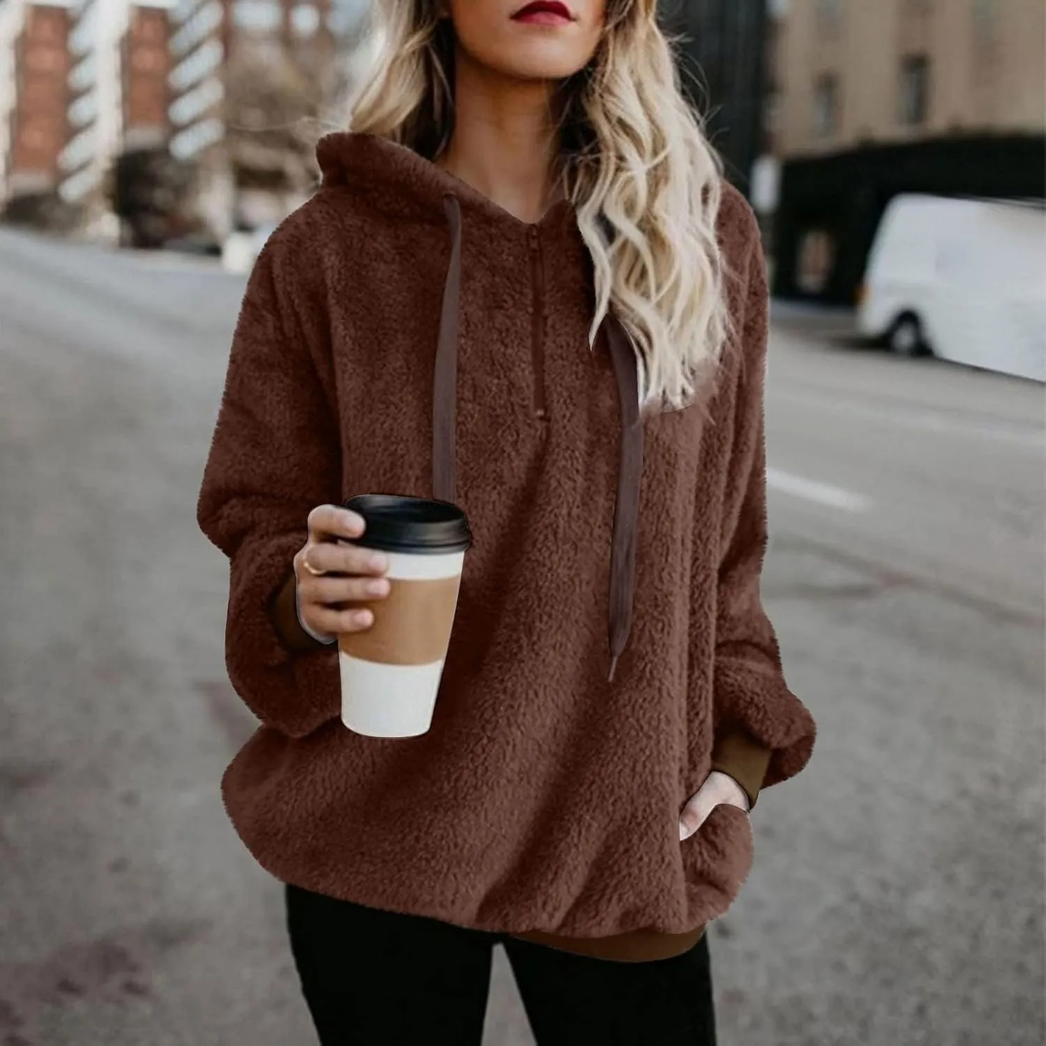Fleece Sweatshirts for Women Oversized Pullover Hoodies Pajams with Drawstring Casual Long Sleeve Tops