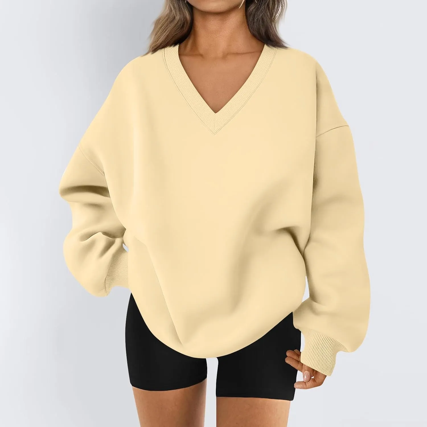 Fleece V Neck Sweatshirt Women Plain Drop Shoulder Oversized Sweatshirts Casual Baggy Comfy Soft Cotton Pullover Tops