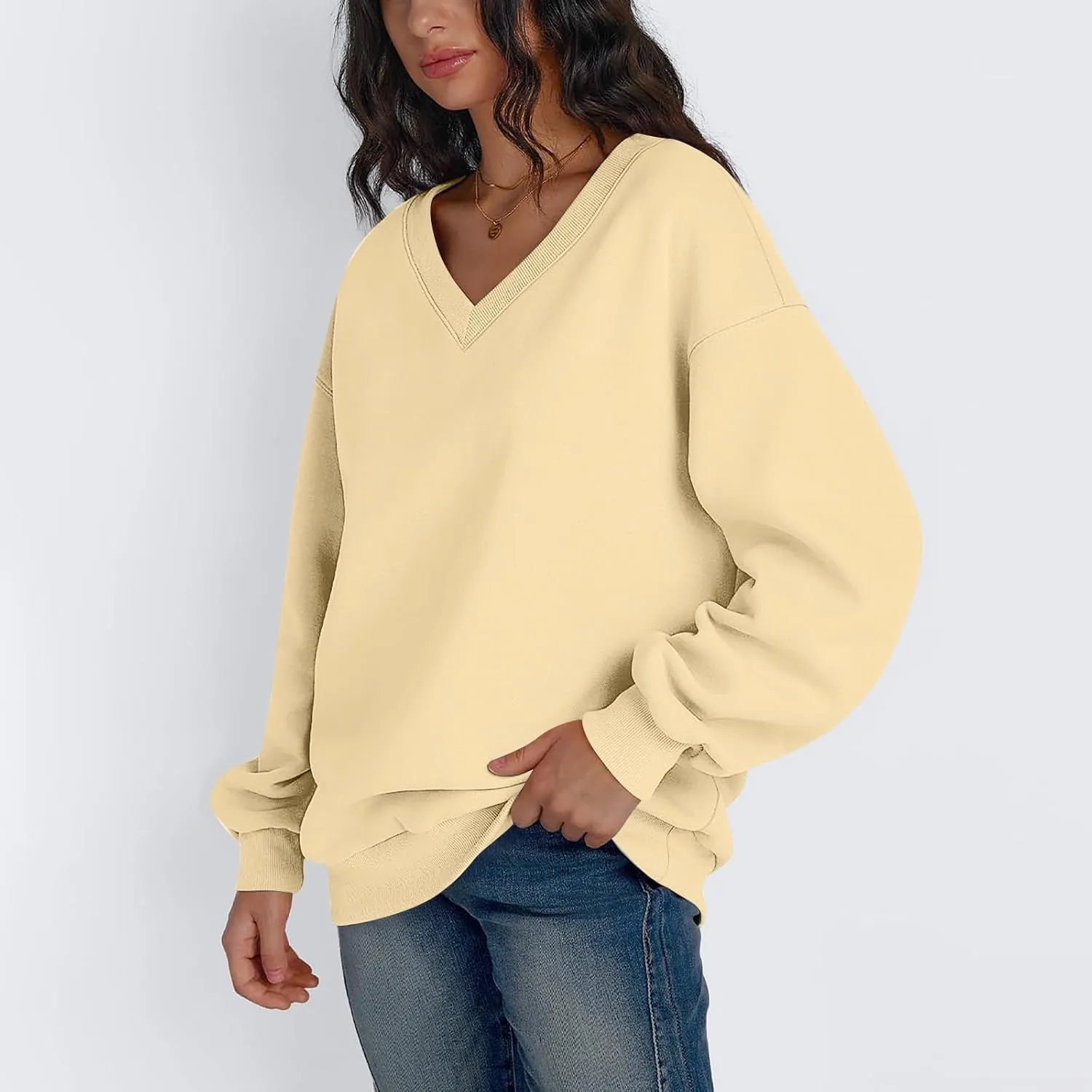 Fleece V Neck Sweatshirt Women Plain Drop Shoulder Oversized Sweatshirts Casual Baggy Comfy Soft Cotton Pullover Tops
