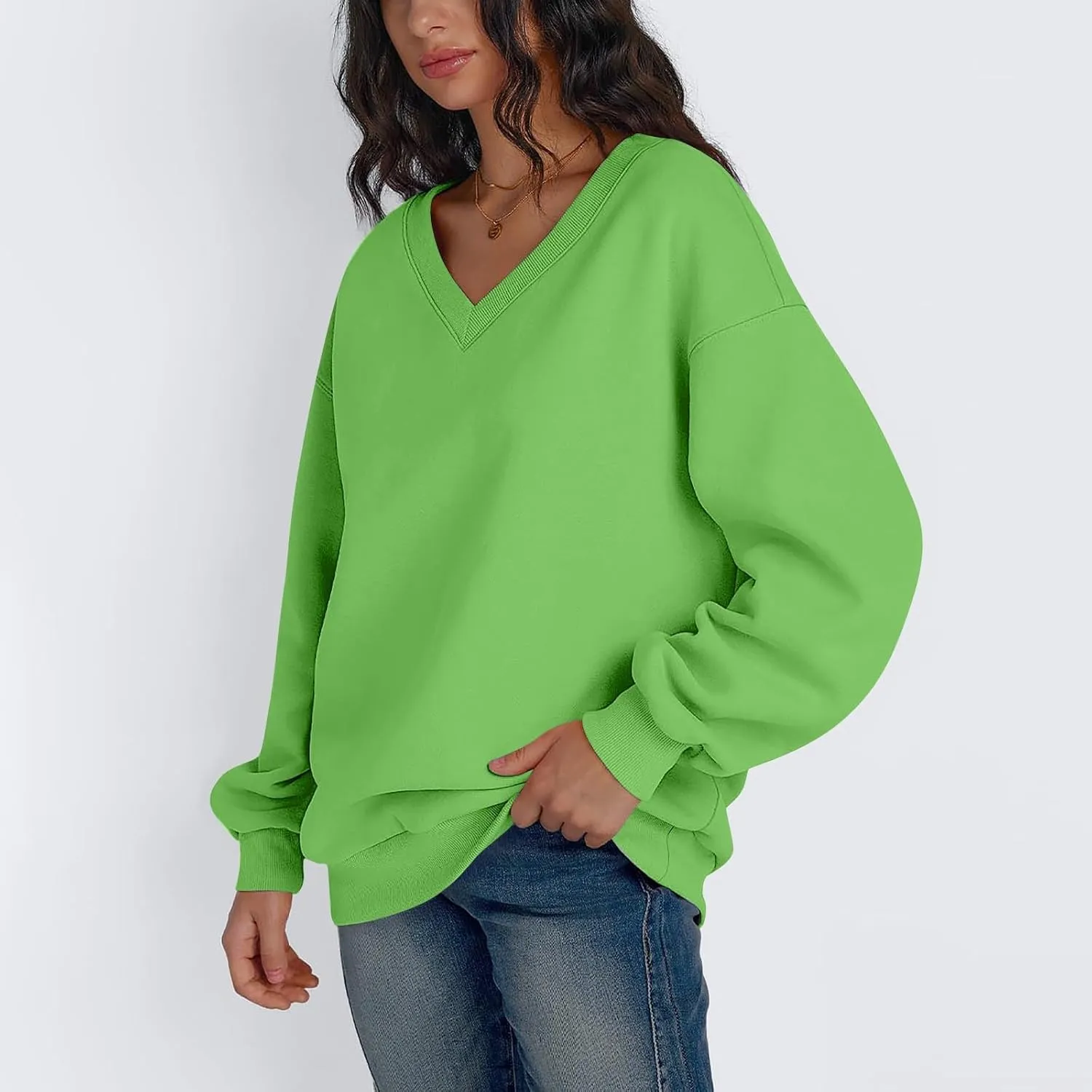 Fleece V Neck Sweatshirt Women Plain Drop Shoulder Oversized Sweatshirts Casual Baggy Comfy Soft Cotton Pullover Tops