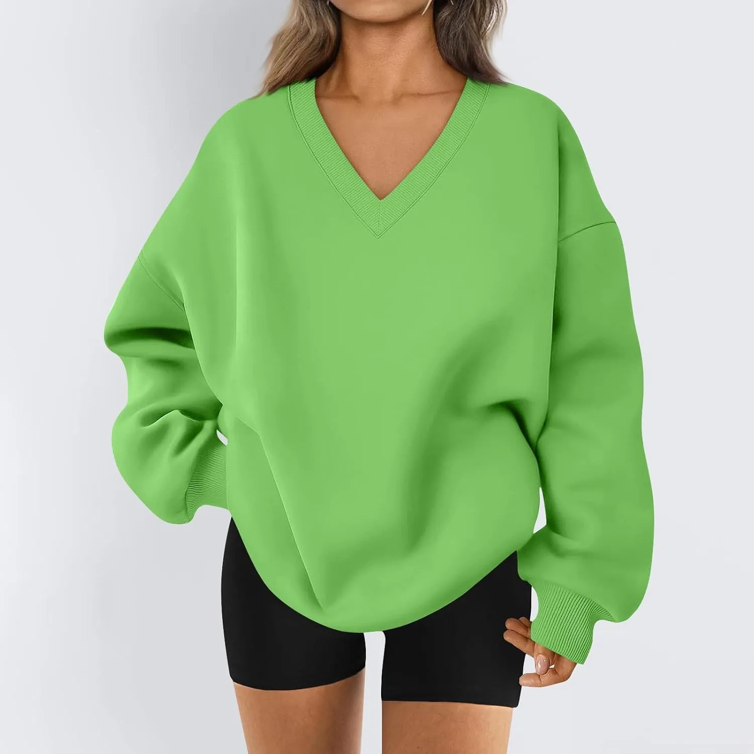 Fleece V Neck Sweatshirt Women Plain Drop Shoulder Oversized Sweatshirts Casual Baggy Comfy Soft Cotton Pullover Tops