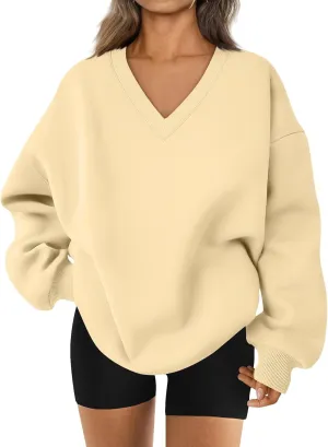 Fleece V Neck Sweatshirt Women Plain Drop Shoulder Oversized Sweatshirts Casual Baggy Comfy Soft Cotton Pullover Tops