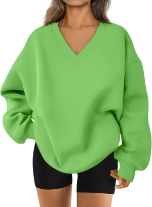 Fleece V Neck Sweatshirt Women Plain Drop Shoulder Oversized Sweatshirts Casual Baggy Comfy Soft Cotton Pullover Tops