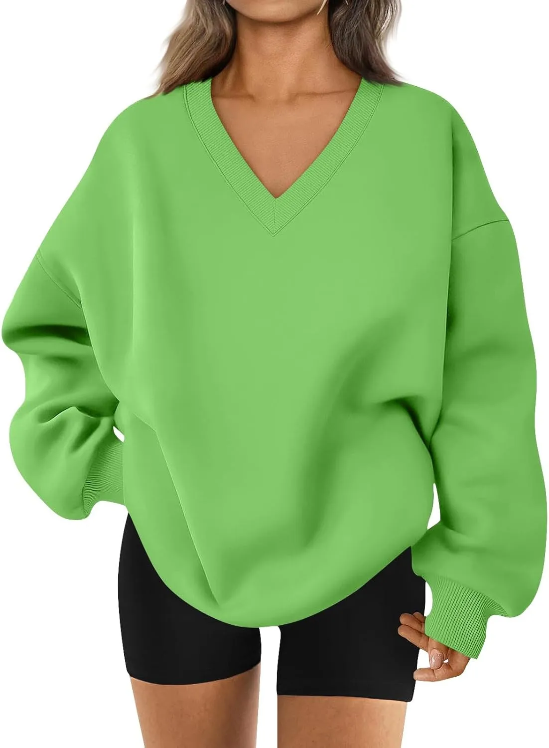 Fleece V Neck Sweatshirt Women Plain Drop Shoulder Oversized Sweatshirts Casual Baggy Comfy Soft Cotton Pullover Tops