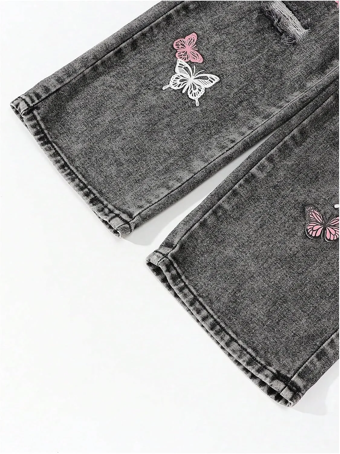 Floerns Girl's Butterfly Print Asymmetric Waist Ripped Jeans Wide Leg Y2k Denim Pants