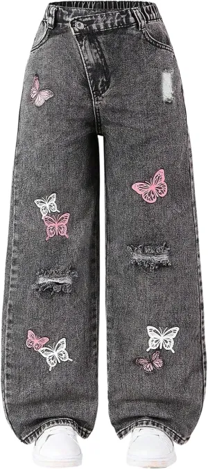 Floerns Girl's Butterfly Print Asymmetric Waist Ripped Jeans Wide Leg Y2k Denim Pants