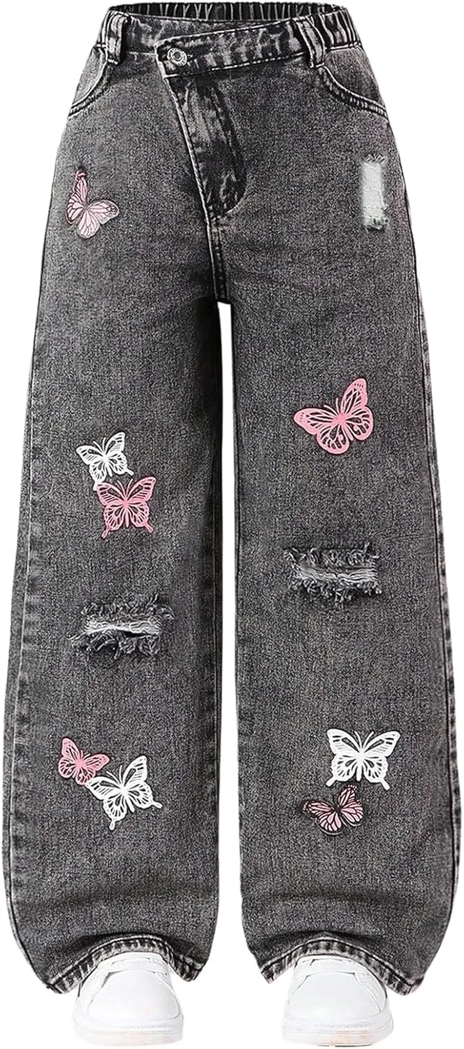 Floerns Girl's Butterfly Print Asymmetric Waist Ripped Jeans Wide Leg Y2k Denim Pants