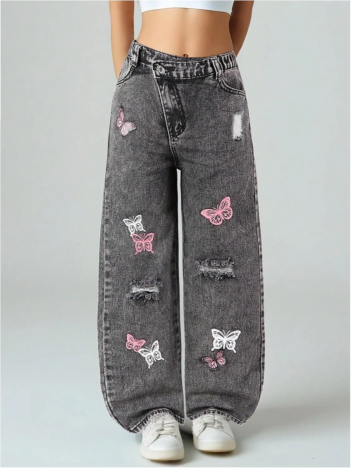 Floerns Girl's Butterfly Print Asymmetric Waist Ripped Jeans Wide Leg Y2k Denim Pants
