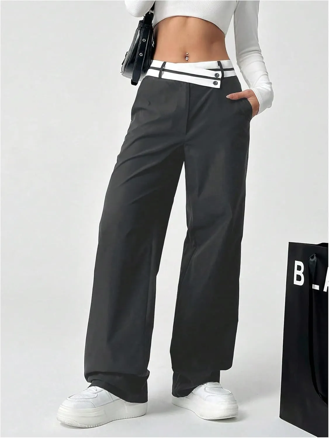 Floerns Women's Asymmetric Waist Zipper Trousers Straight Leg Pants with Pockets
