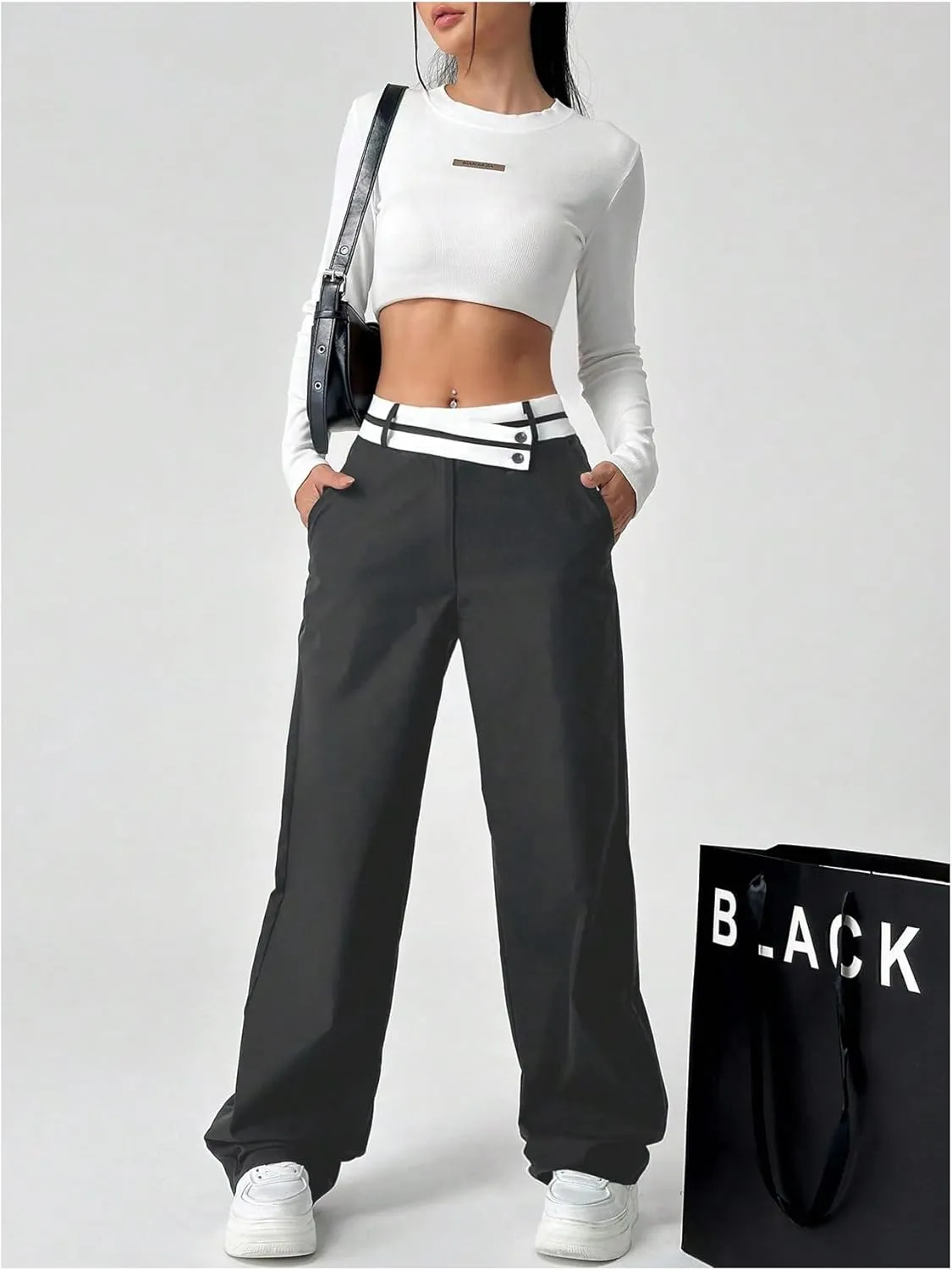 Floerns Women's Asymmetric Waist Zipper Trousers Straight Leg Pants with Pockets