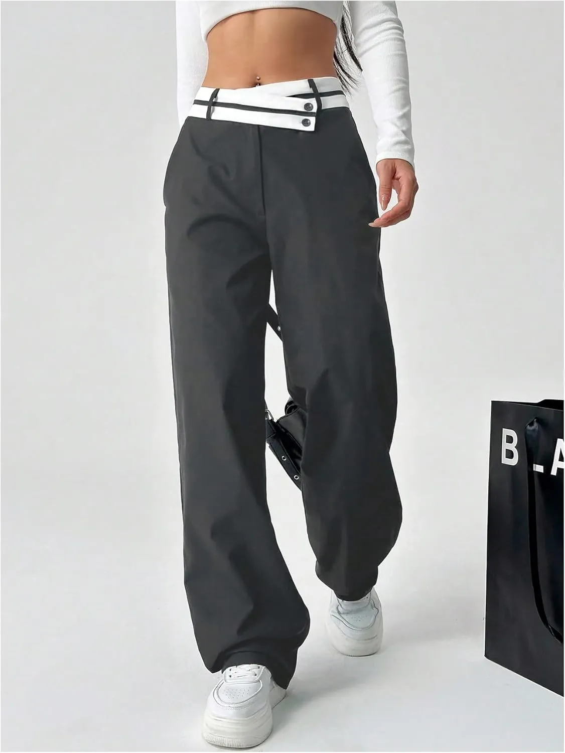 Floerns Women's Asymmetric Waist Zipper Trousers Straight Leg Pants with Pockets