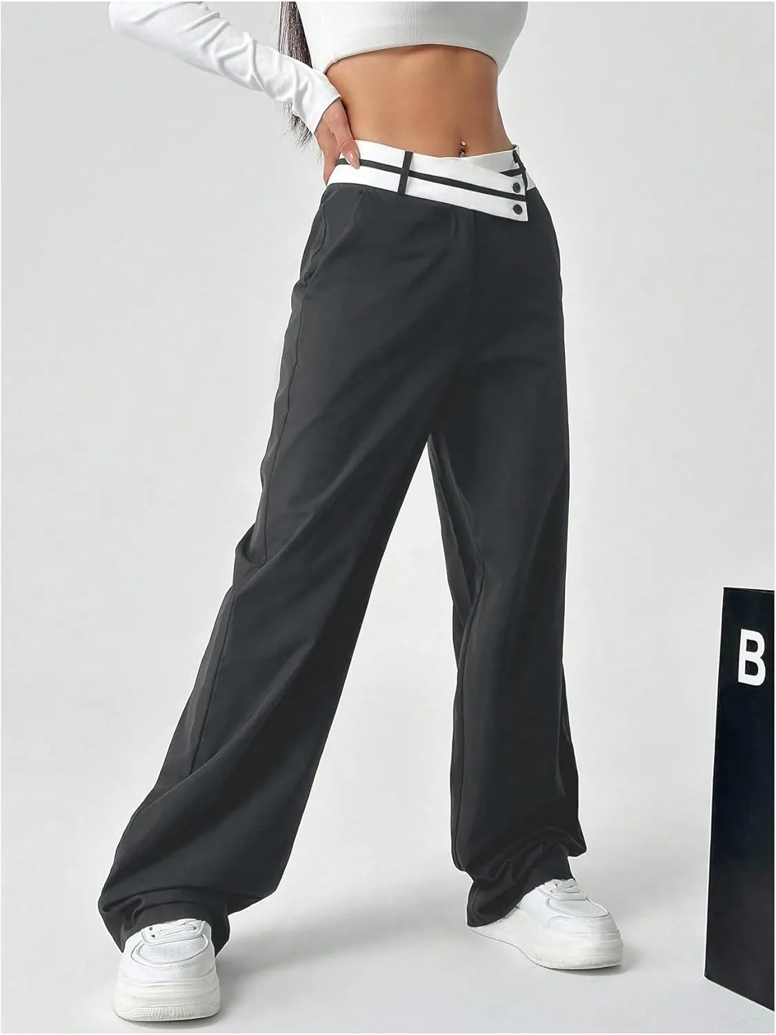Floerns Women's Asymmetric Waist Zipper Trousers Straight Leg Pants with Pockets