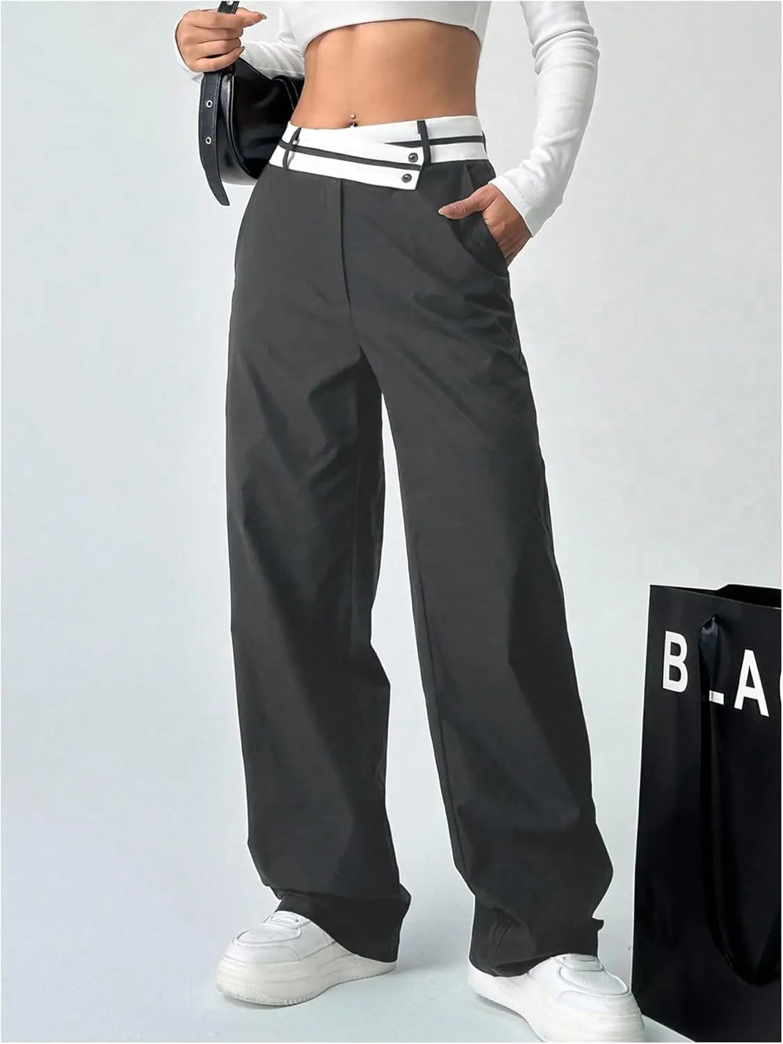 Floerns Women's Asymmetric Waist Zipper Trousers Straight Leg Pants with Pockets