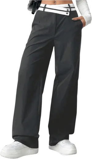 Floerns Women's Asymmetric Waist Zipper Trousers Straight Leg Pants with Pockets