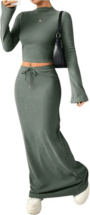 Floerns Women's Two Piece Outfit Mock Neck Flare Long Sleeve Tee Top and Maxi Skirt Set