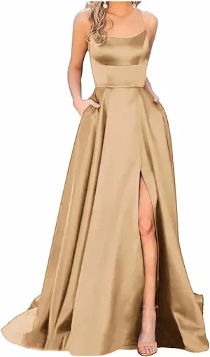 Formal Dresses for Women Sleeveless Spaghetti Strap Side Slit Long Prom Dress Elegant Cocktail Party Maxi Dresses Eveing Gown