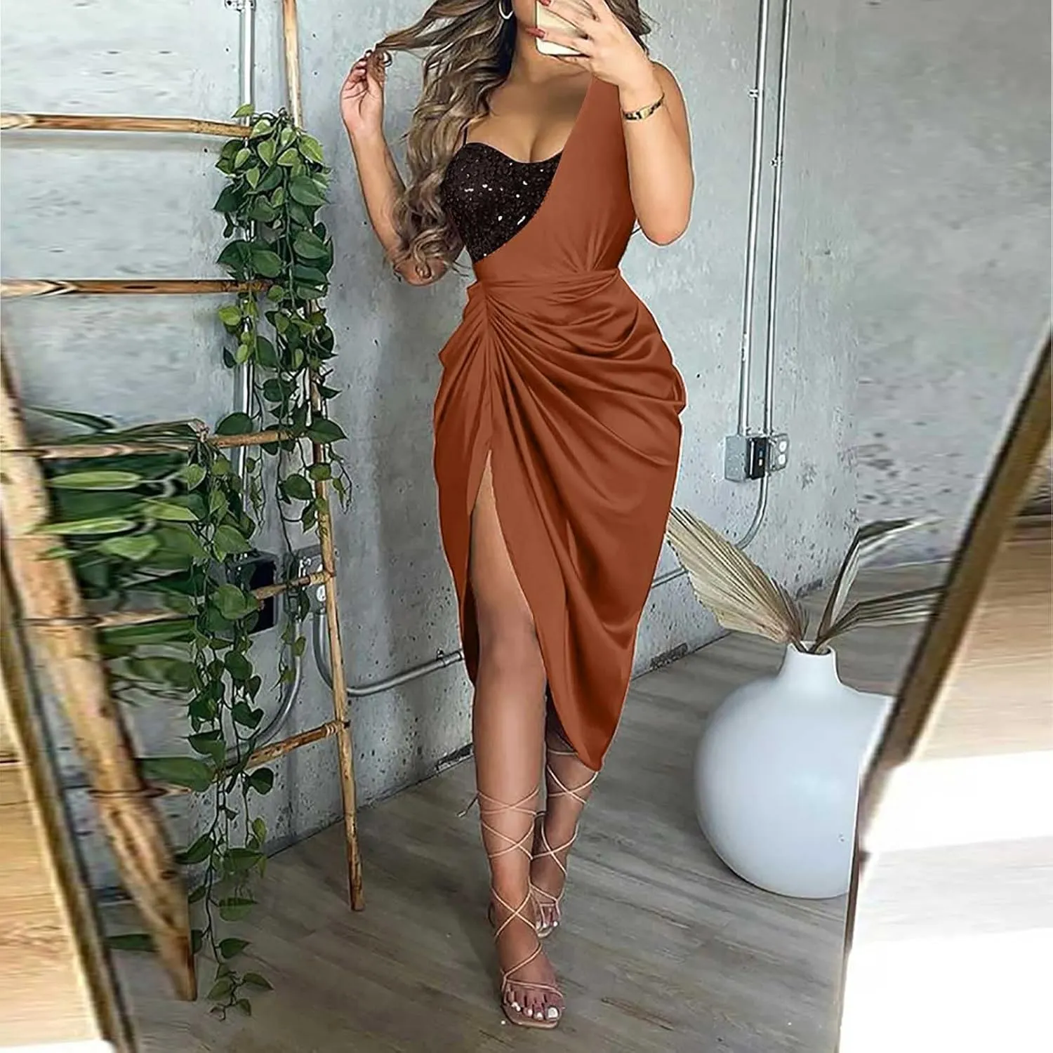 Formal Gowns for Women 2024 Elegant Ruched One-Shoulder Splice Midi Dress Sexy Side Shirring Sleeveless Evening Gowns