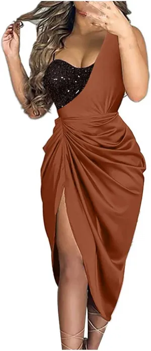 Formal Gowns for Women 2024 Elegant Ruched One-Shoulder Splice Midi Dress Sexy Side Shirring Sleeveless Evening Gowns