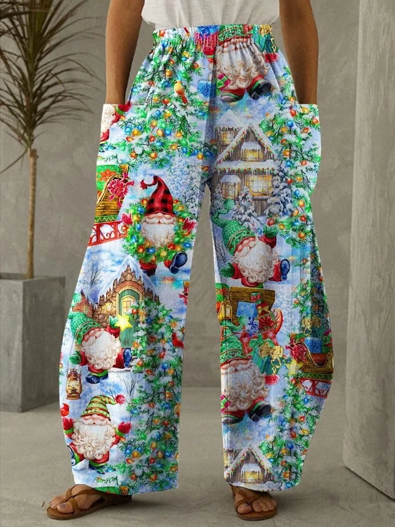 Geleglaer Women's Merry Christmas High Elastic Waist Pants Snowman Graphic Printed Wide Leg Pants Long Trousers with Pockets