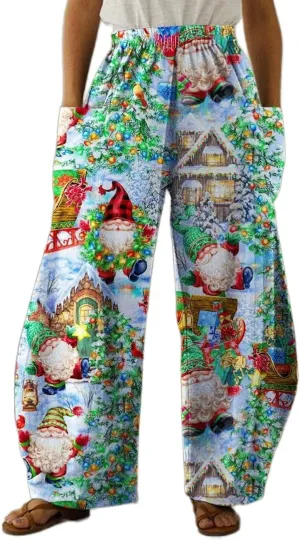 Geleglaer Women's Merry Christmas High Elastic Waist Pants Snowman Graphic Printed Wide Leg Pants Long Trousers with Pockets