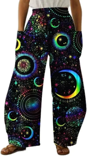 Geleglaer Women's Merry Christmas High Elastic Waist Pants Snowman Graphic Printed Wide Leg Pants Long Trousers with Pockets