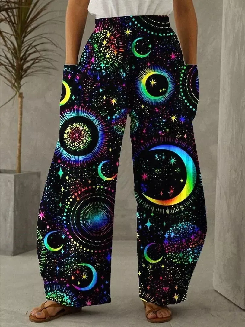 Geleglaer Women's Merry Christmas High Elastic Waist Pants Snowman Graphic Printed Wide Leg Pants Long Trousers with Pockets