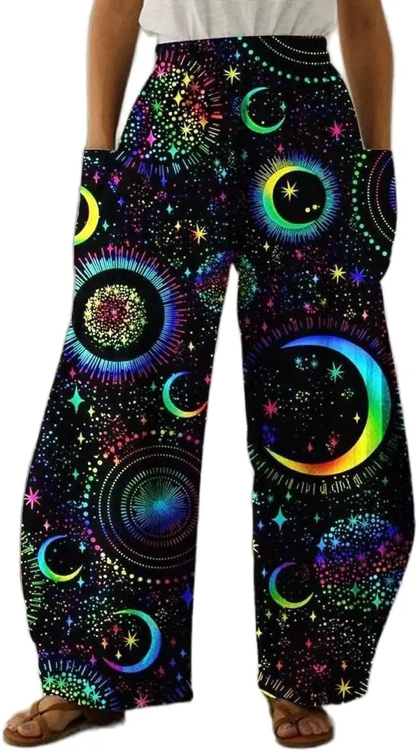 Geleglaer Women's Merry Christmas High Elastic Waist Pants Snowman Graphic Printed Wide Leg Pants Long Trousers with Pockets