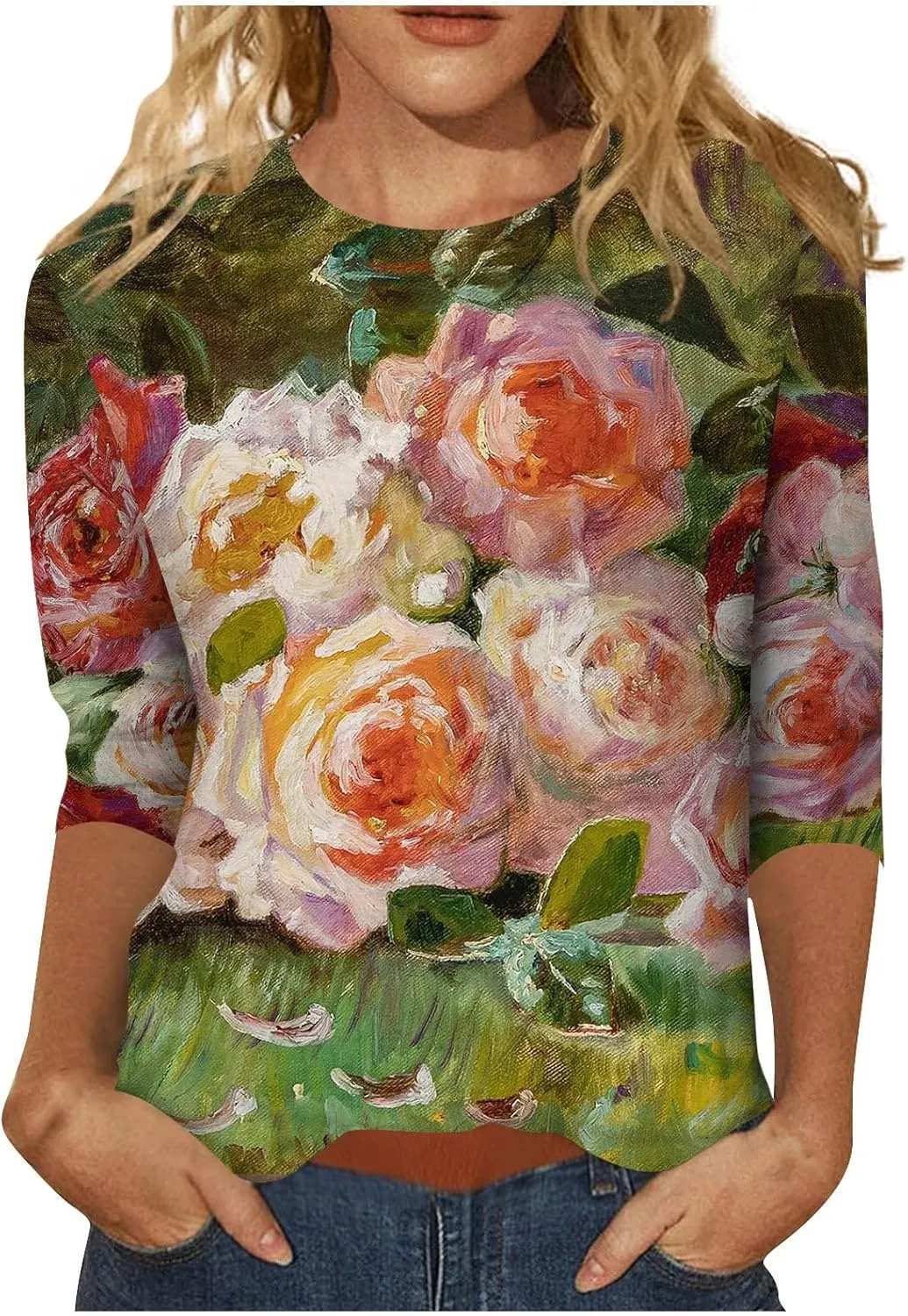 Going Out Tops for Women Floral Print Crewneck Blouses 3/4 Sleeve Baggy Tunic Tops Cute Loose Casual Pullover