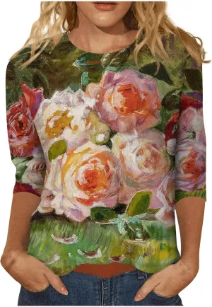 Going Out Tops for Women Floral Print Crewneck Blouses 3/4 Sleeve Baggy Tunic Tops Cute Loose Casual Pullover