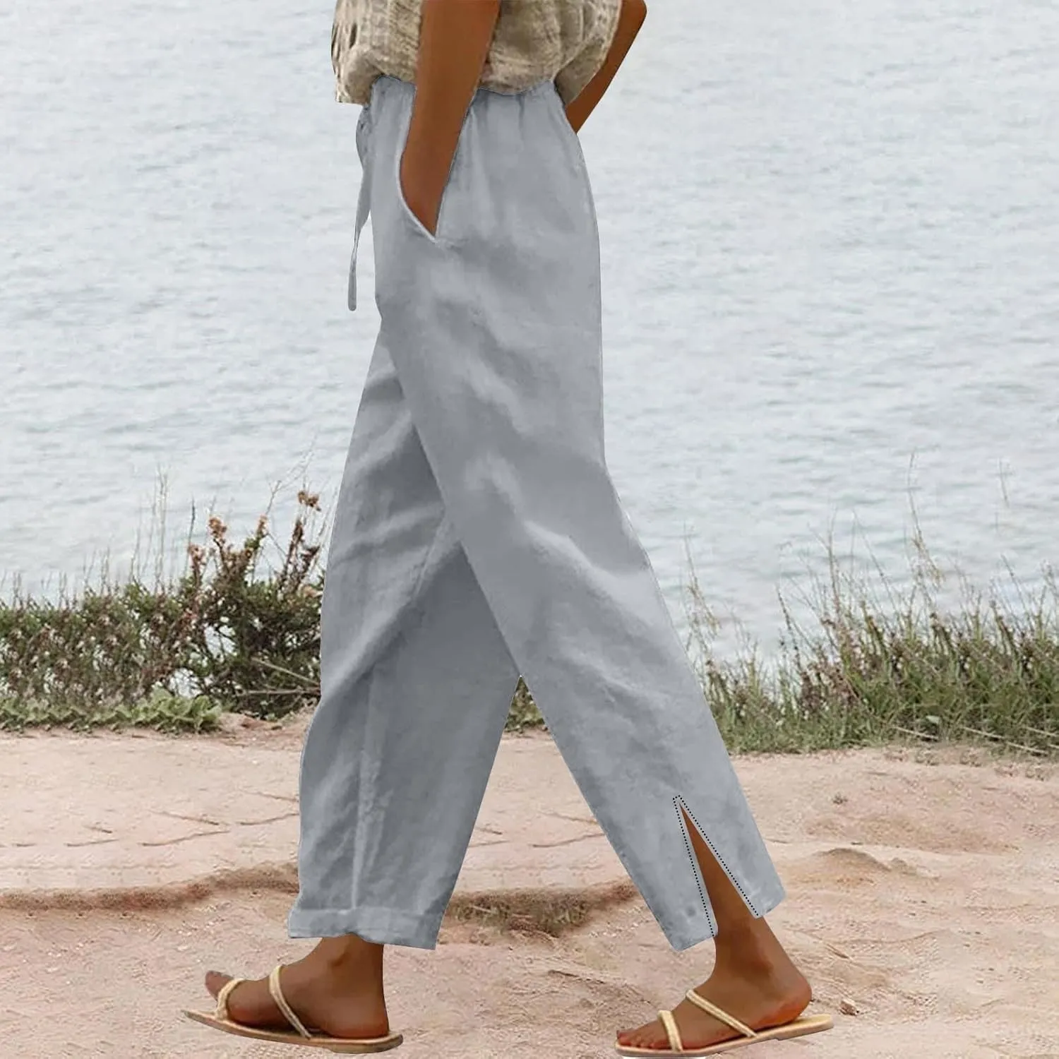 GOKKILRW Womens Linen Pants with Pockets High Waist Comfy Hippie Gauze Pants Casual Lightweight Loose Beach Vacation Trousers