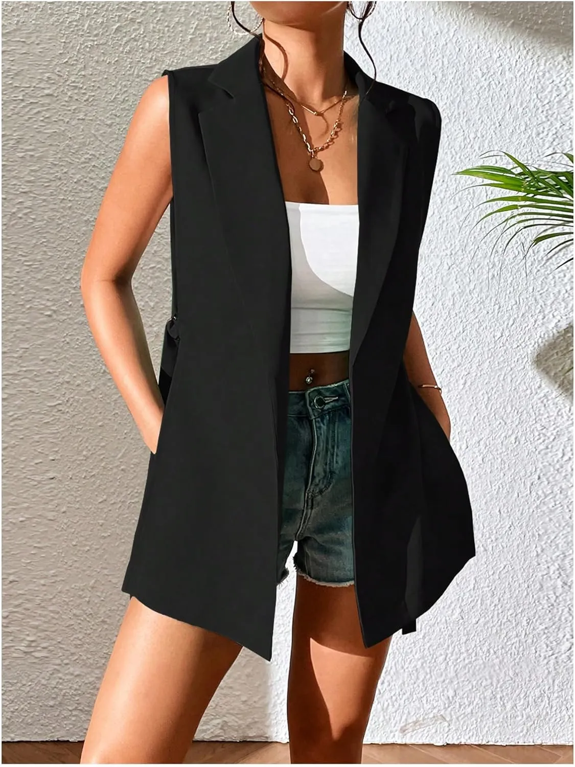 GORGLITTER Women's Sleeveless Long Blazer Vest Open Front Knot Side Office Longline Blazer Jackets Outerwear
