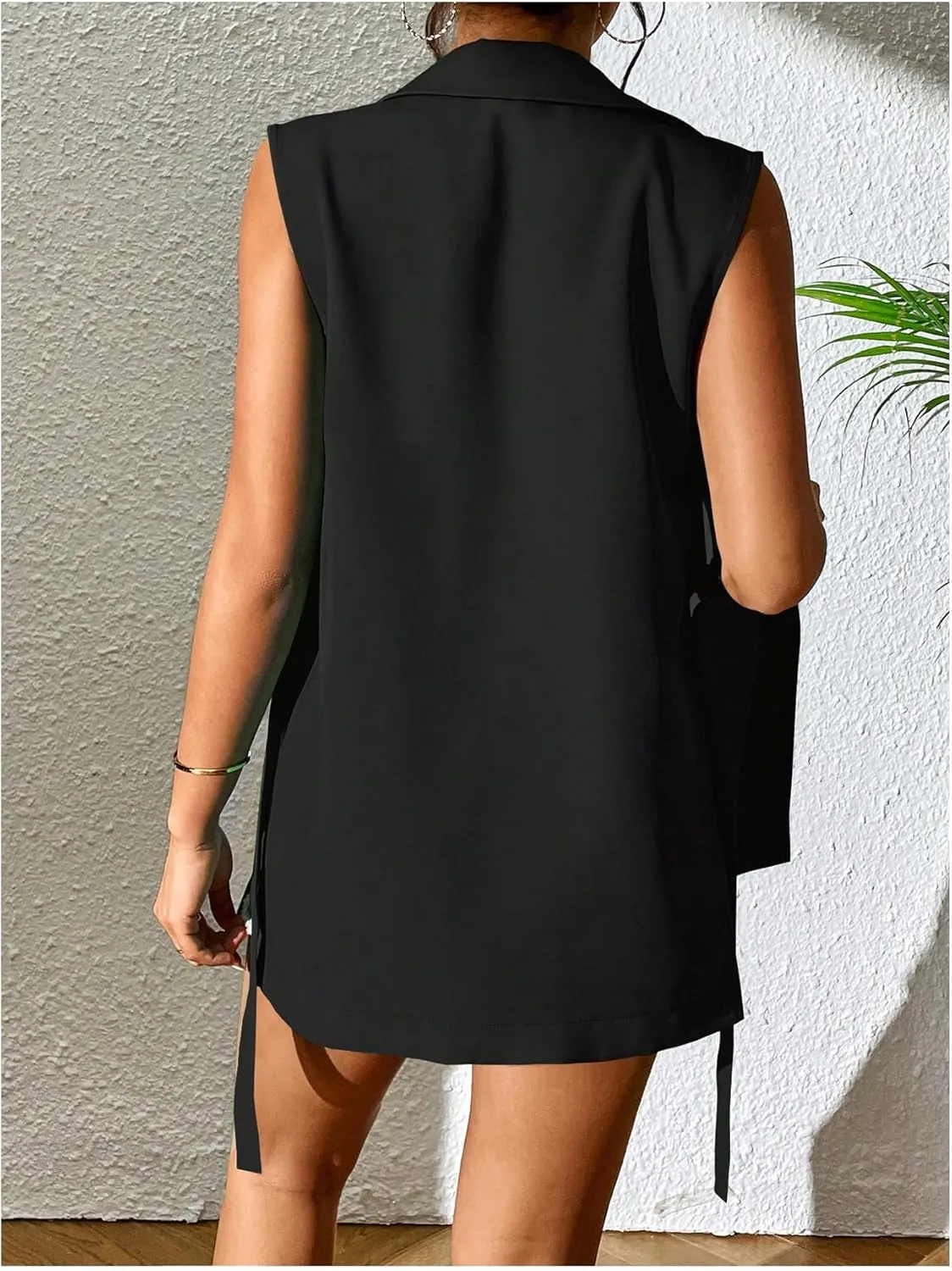 GORGLITTER Women's Sleeveless Long Blazer Vest Open Front Knot Side Office Longline Blazer Jackets Outerwear