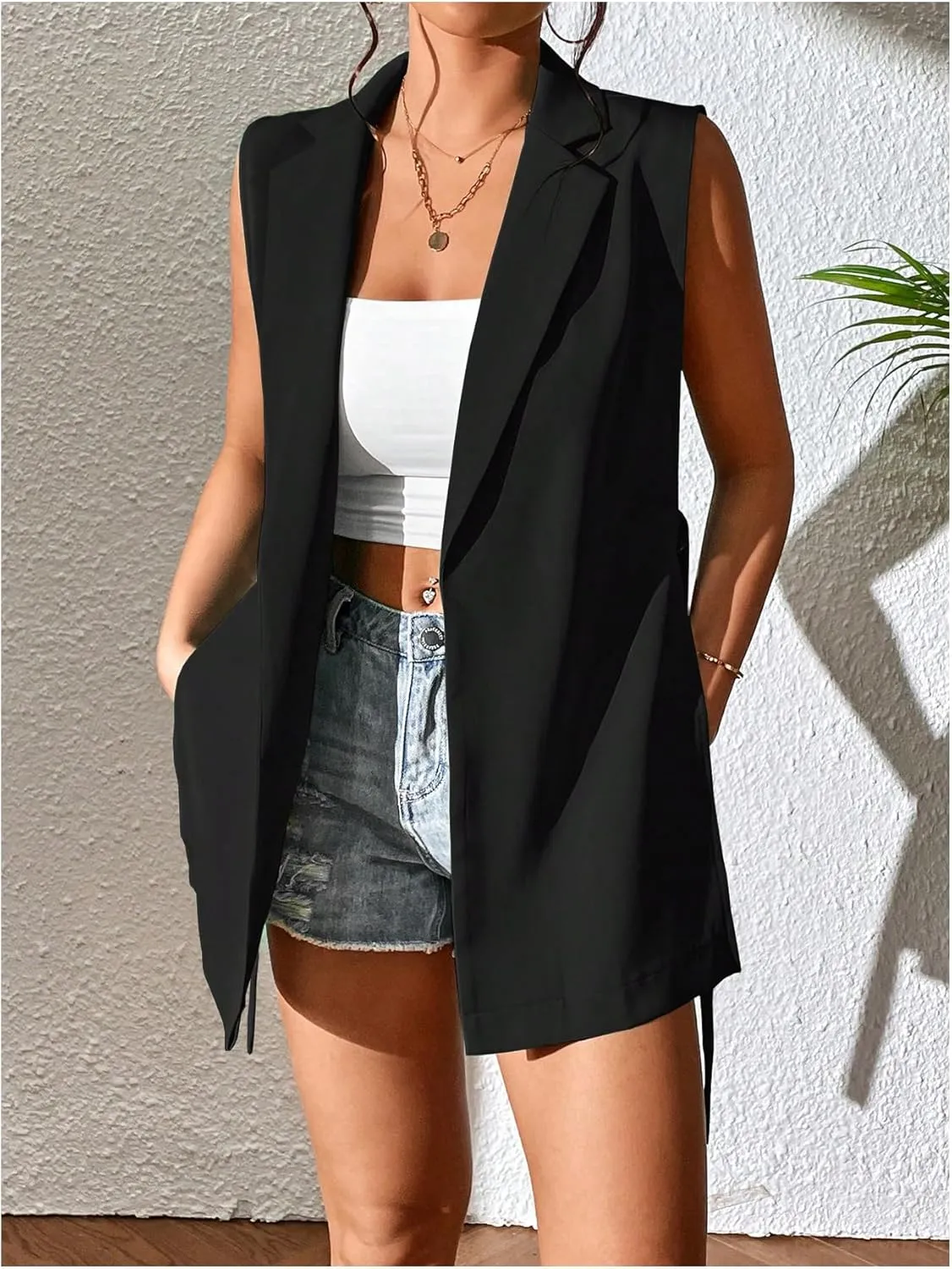 GORGLITTER Women's Sleeveless Long Blazer Vest Open Front Knot Side Office Longline Blazer Jackets Outerwear