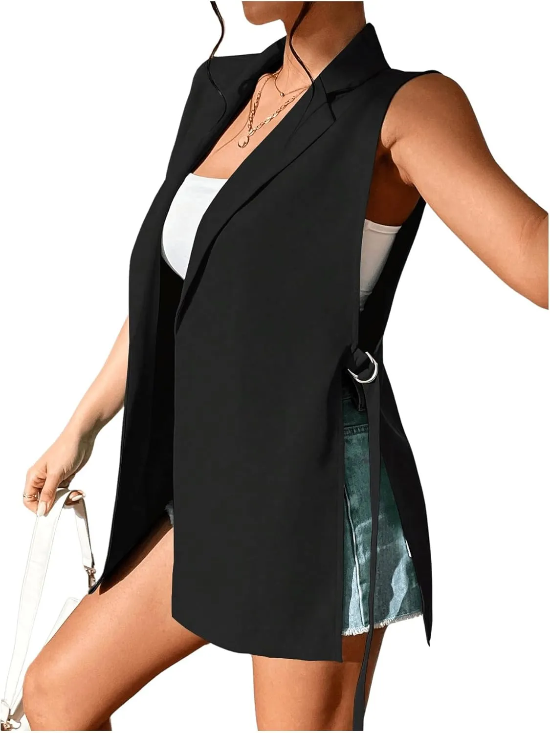 GORGLITTER Women's Sleeveless Long Blazer Vest Open Front Knot Side Office Longline Blazer Jackets Outerwear