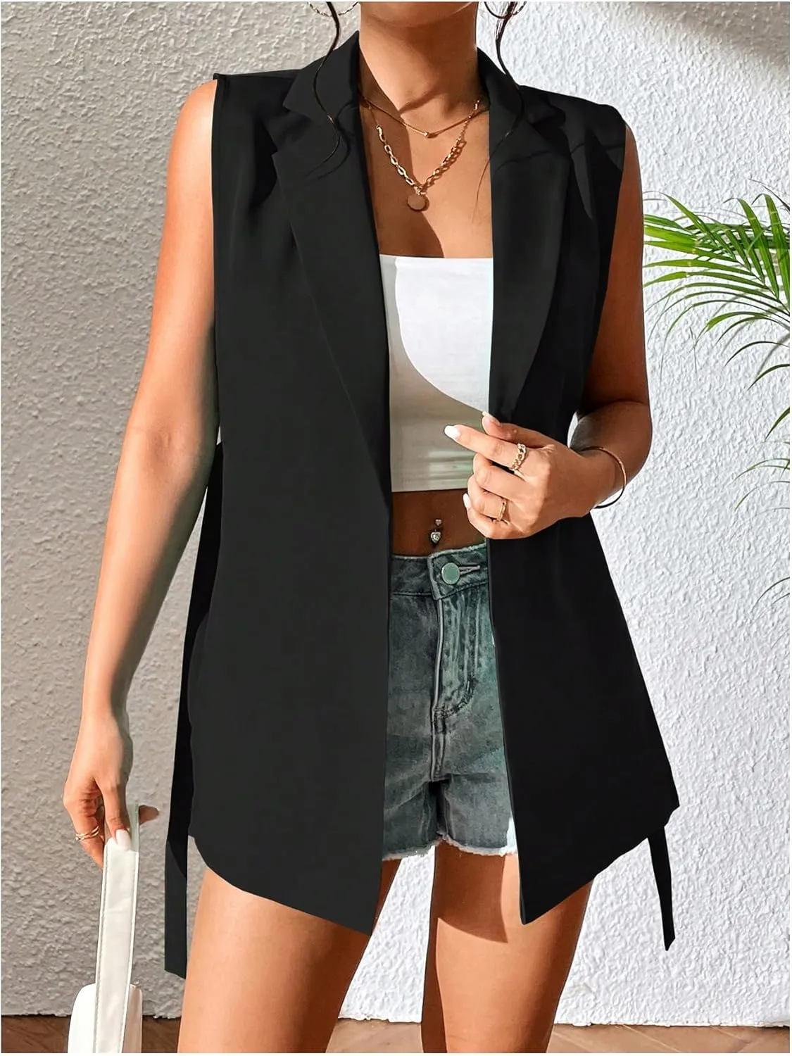 GORGLITTER Women's Sleeveless Long Blazer Vest Open Front Knot Side Office Longline Blazer Jackets Outerwear
