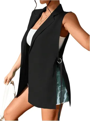 GORGLITTER Women's Sleeveless Long Blazer Vest Open Front Knot Side Office Longline Blazer Jackets Outerwear