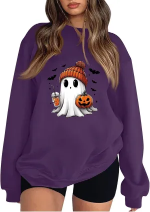 Halloween Sweatshirt for Women Cute Ghost Graphic Pullover Tops Funny Novelty Pumpkin Print Crewneck Sweatshirts