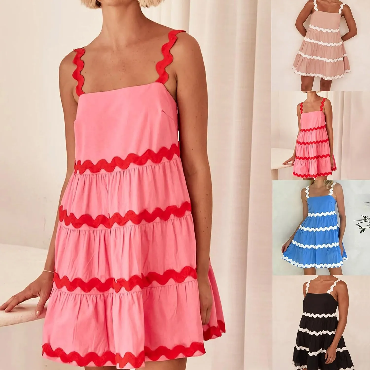 HGps8w 2025 Women's Summer Dress Square Neck Spaghetti Strap Dress Casual Sleeveless Boho Sundress A Line Tiered Beach Dress