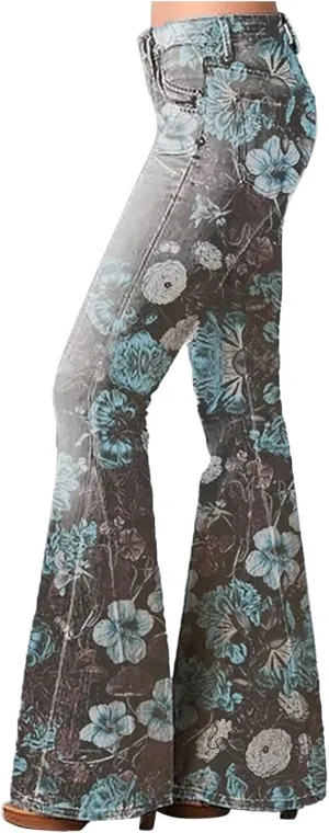 High Waisted Bell Bottom Jeans for Women Retro Floral Zipper Slim Wide Leg Bootcut Denim Pants Pull On Flare Jeans
