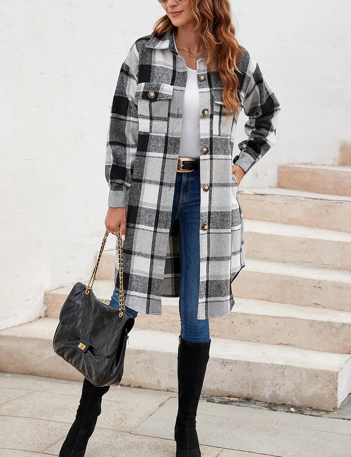 Himosyber Women's Casual Plaid Lapel Woolen Button Up Pocketed Long Shacket Coat